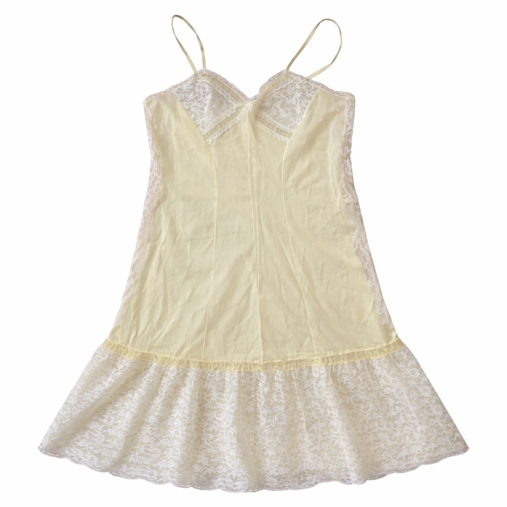 🇫🇷 VINTAGE 1960s Yellow Nylon Lace Slip Dress Size L